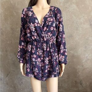 Navy and Pink Floral Romper V neck Playsuit One Piece Sz S